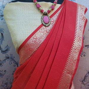 Ravishing Red Colored Festive Wear Woven Vichitra Silk Saree - Peachmode