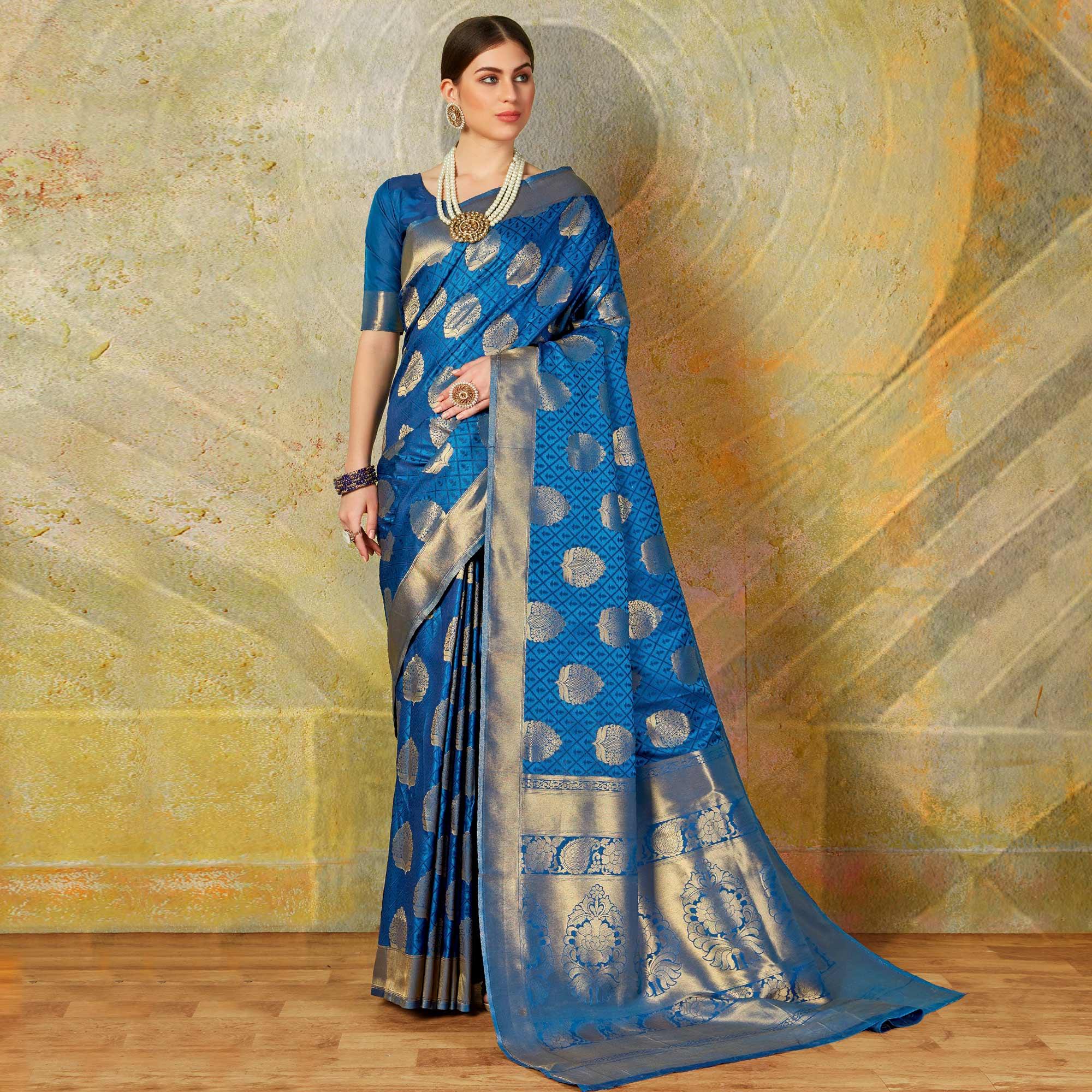 Ravishing Royal Blue Colored Festive Wear Woven Handloom Silk Saree - Peachmode