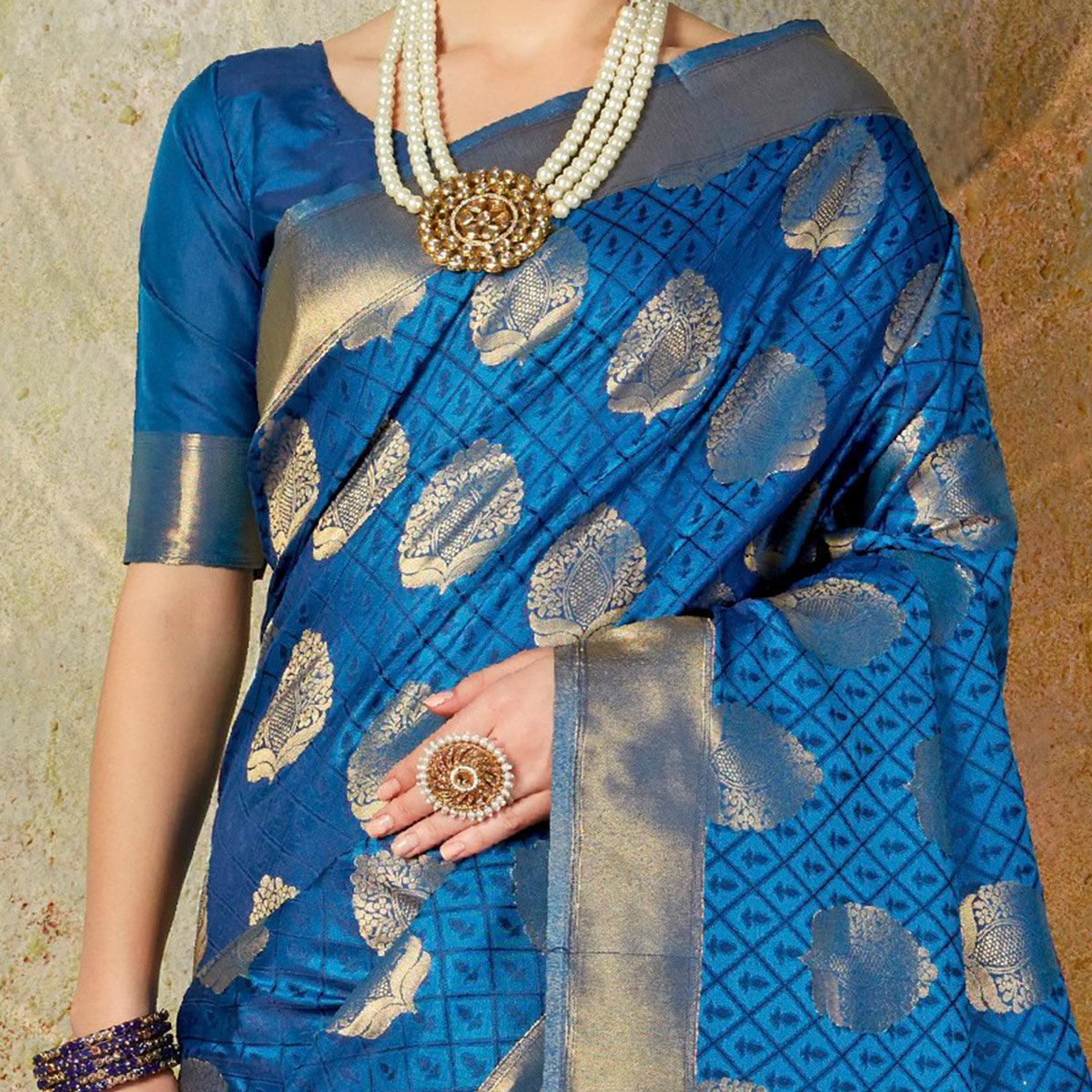 Ravishing Royal Blue Colored Festive Wear Woven Handloom Silk Saree - Peachmode