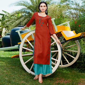 Ravishing Rust Colored Casual Wear Embroidered Cotton Sulb Kurti - Peachmode