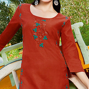 Ravishing Rust Colored Casual Wear Embroidered Cotton Sulb Kurti - Peachmode