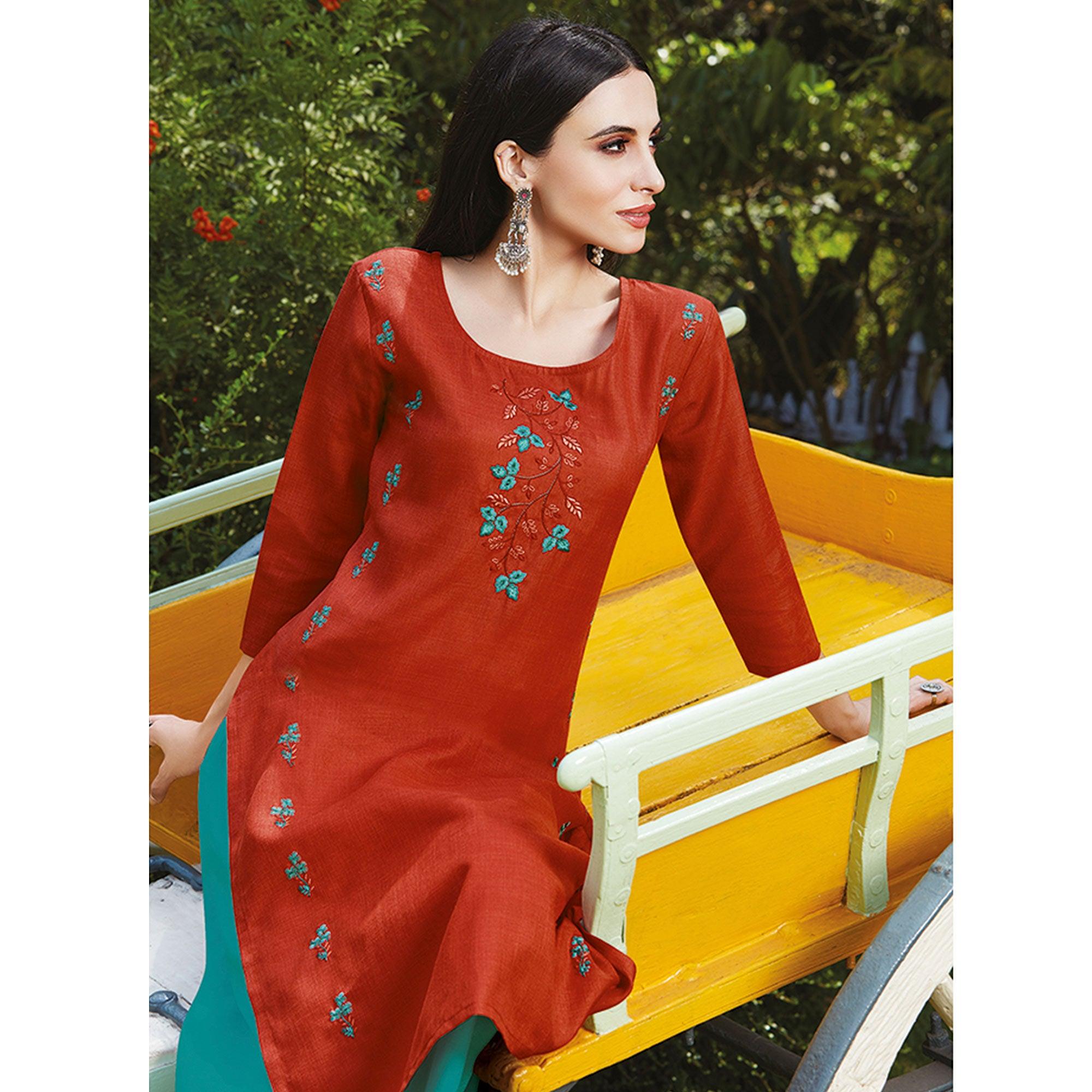 Ravishing Rust Colored Casual Wear Embroidered Cotton Sulb Kurti - Peachmode