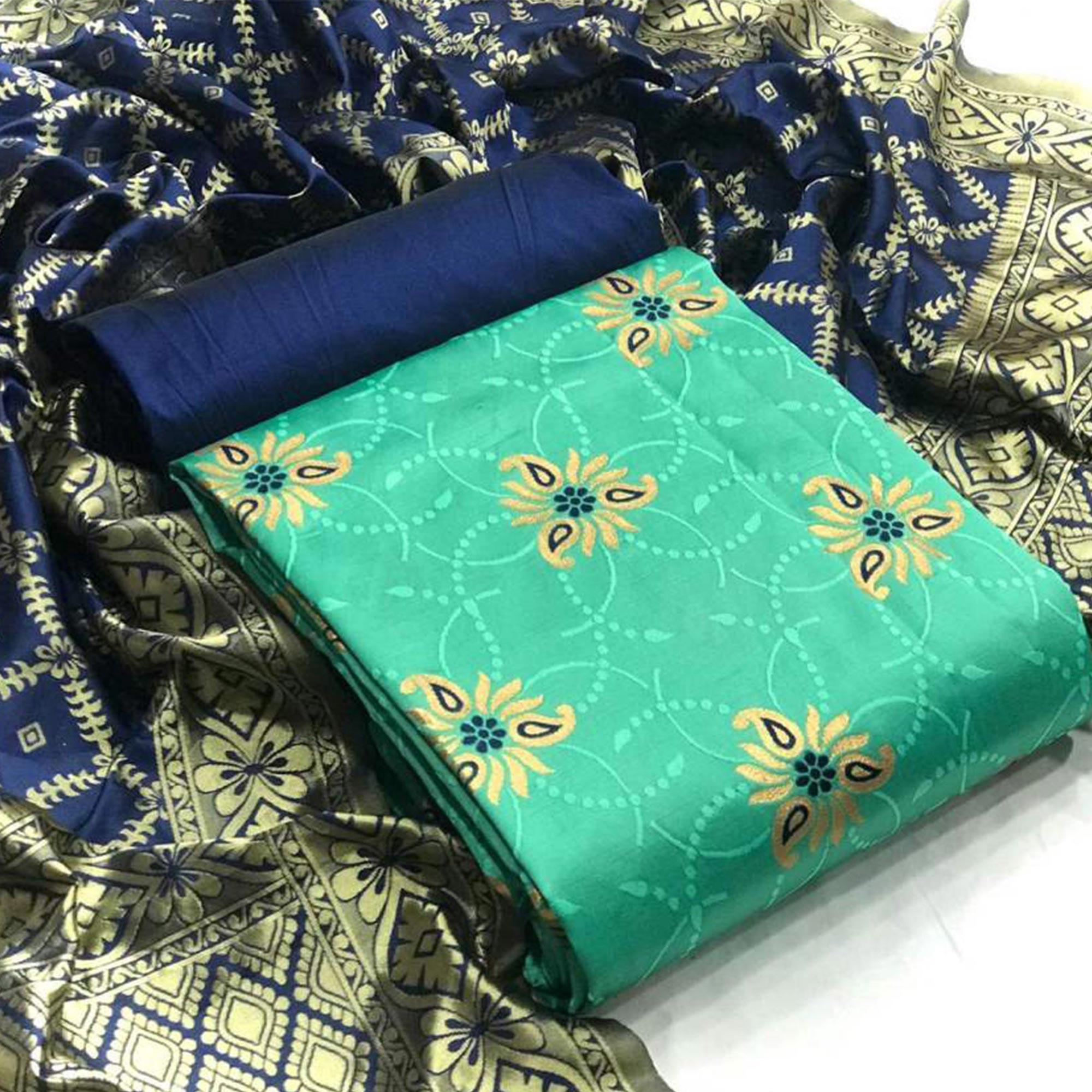 Ravishing Sea Green Colored Casual Wear Banarasi Silk Dress Material - Peachmode