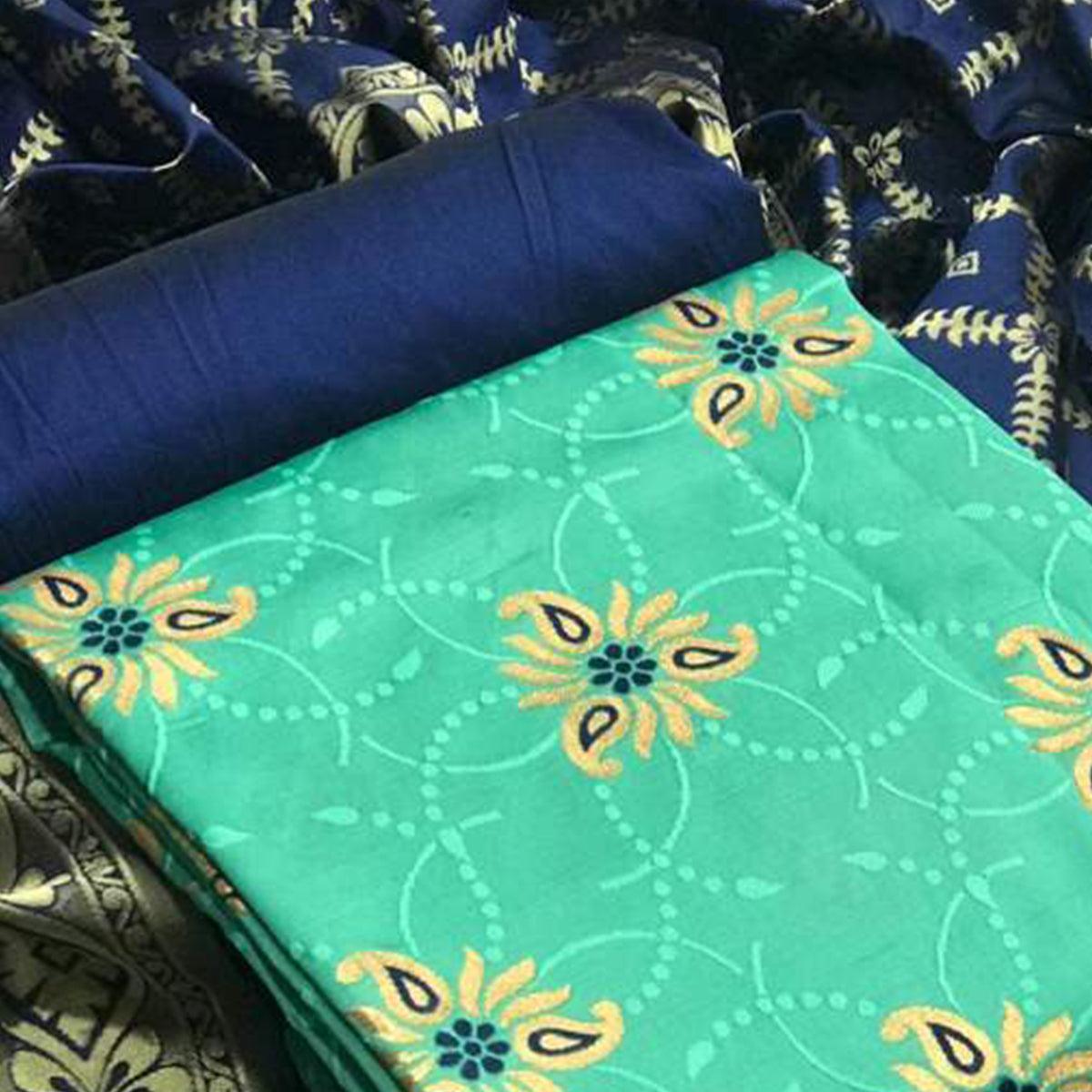 Ravishing Sea Green Colored Casual Wear Banarasi Silk Dress Material - Peachmode