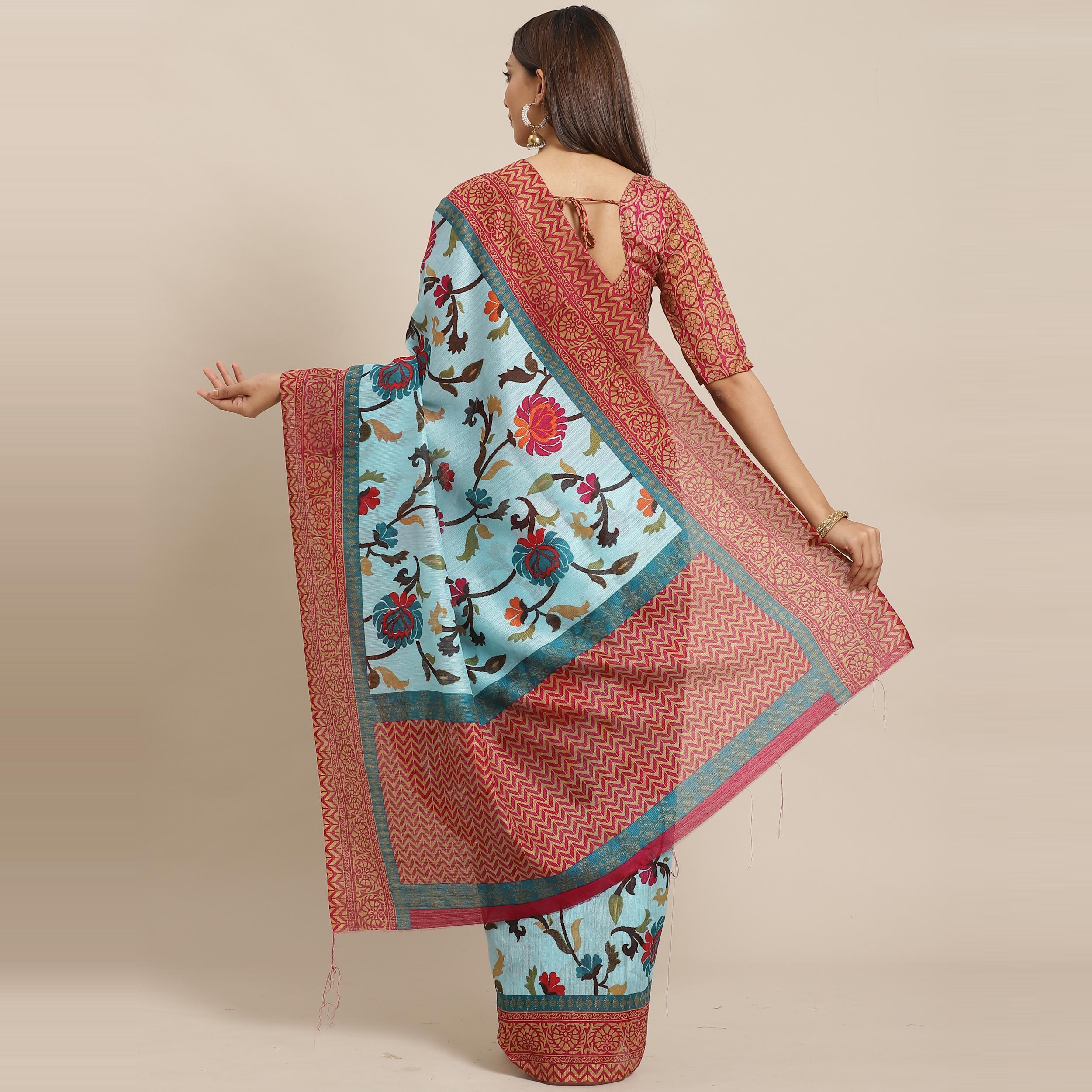 Ravishing Sky Blue Colored Casual Wear Printed Silk blend Saree - Peachmode