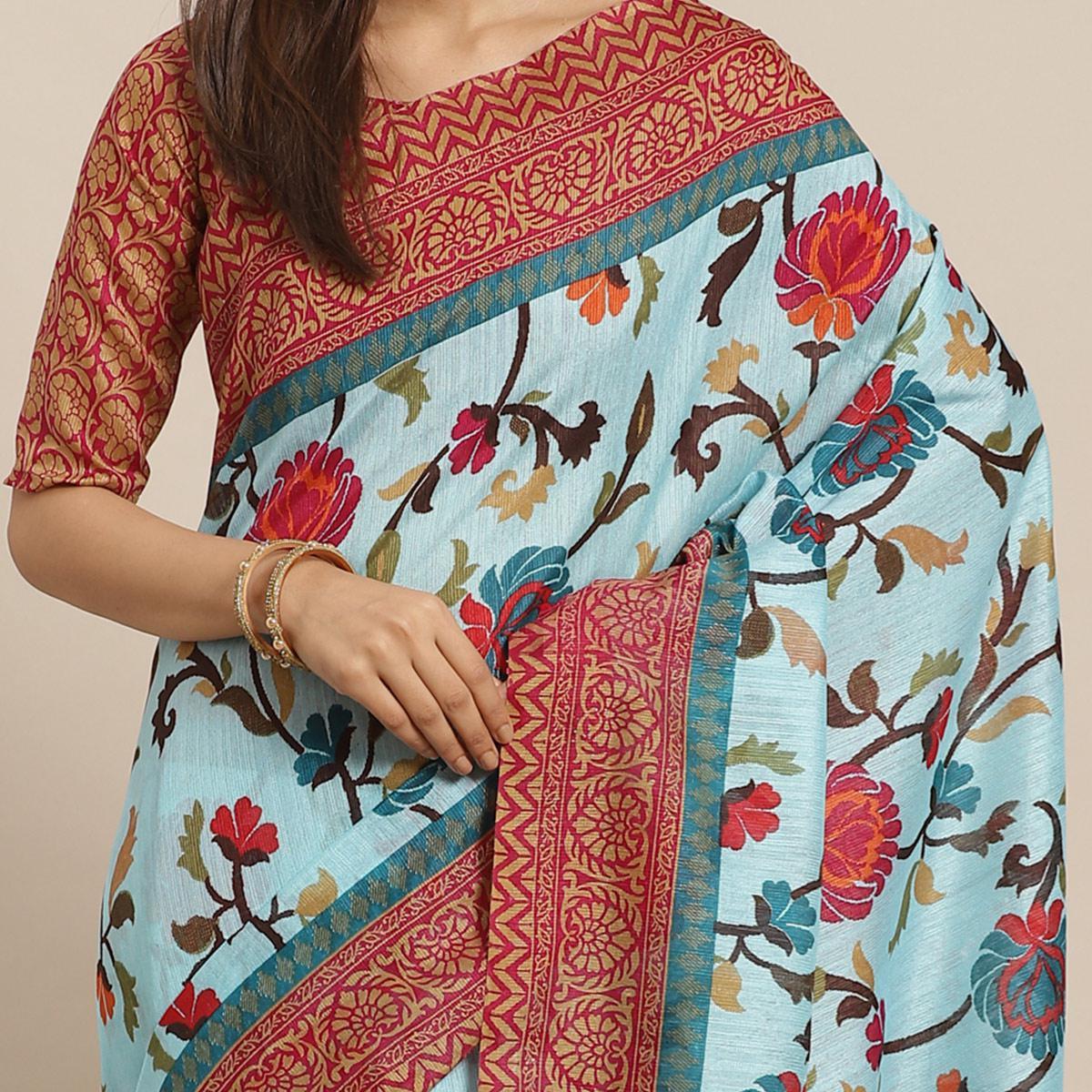 Ravishing Sky Blue Colored Casual Wear Printed Silk blend Saree - Peachmode
