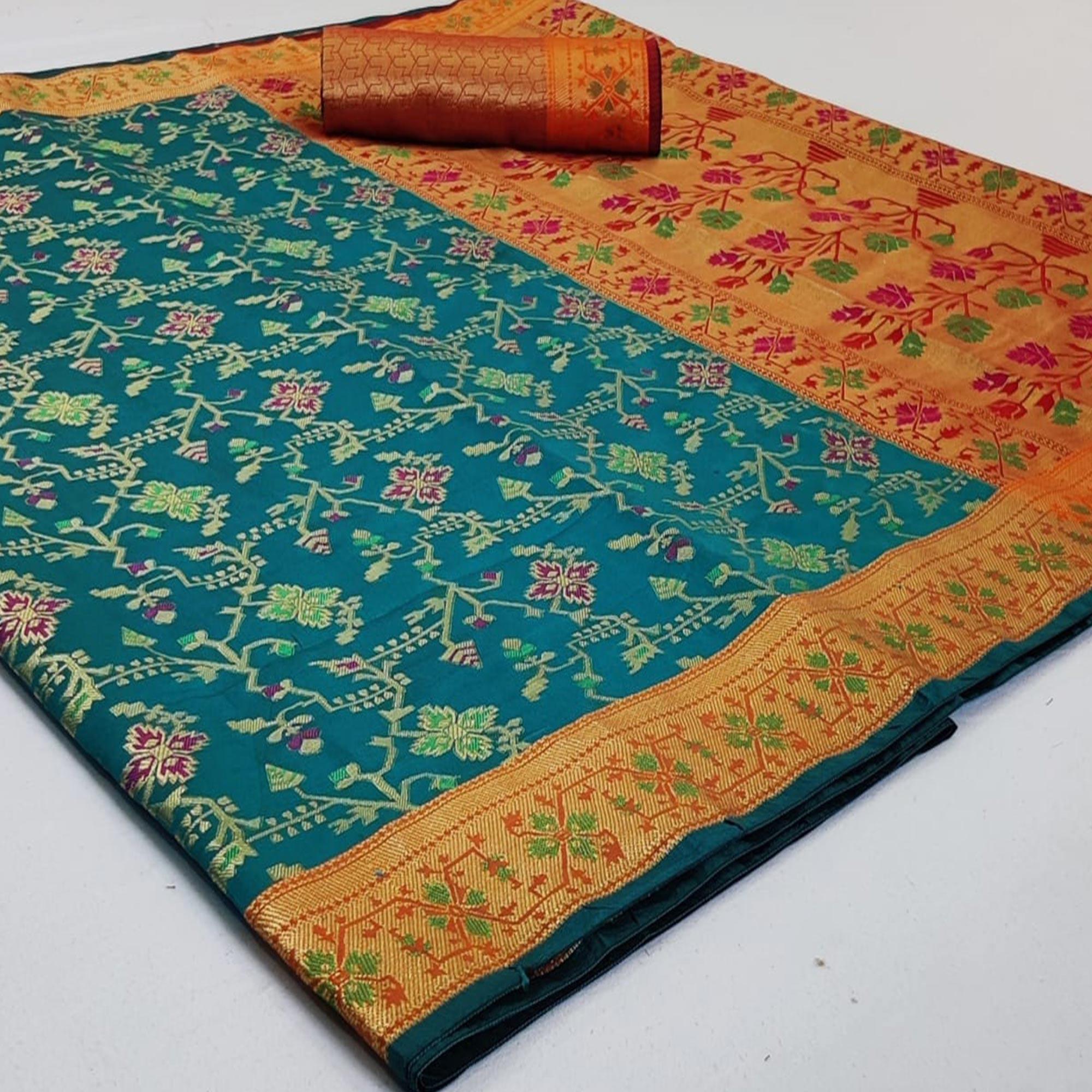 Ravishing Turquoise Blue Colored Festive Wear Woven Silk Saree - Peachmode