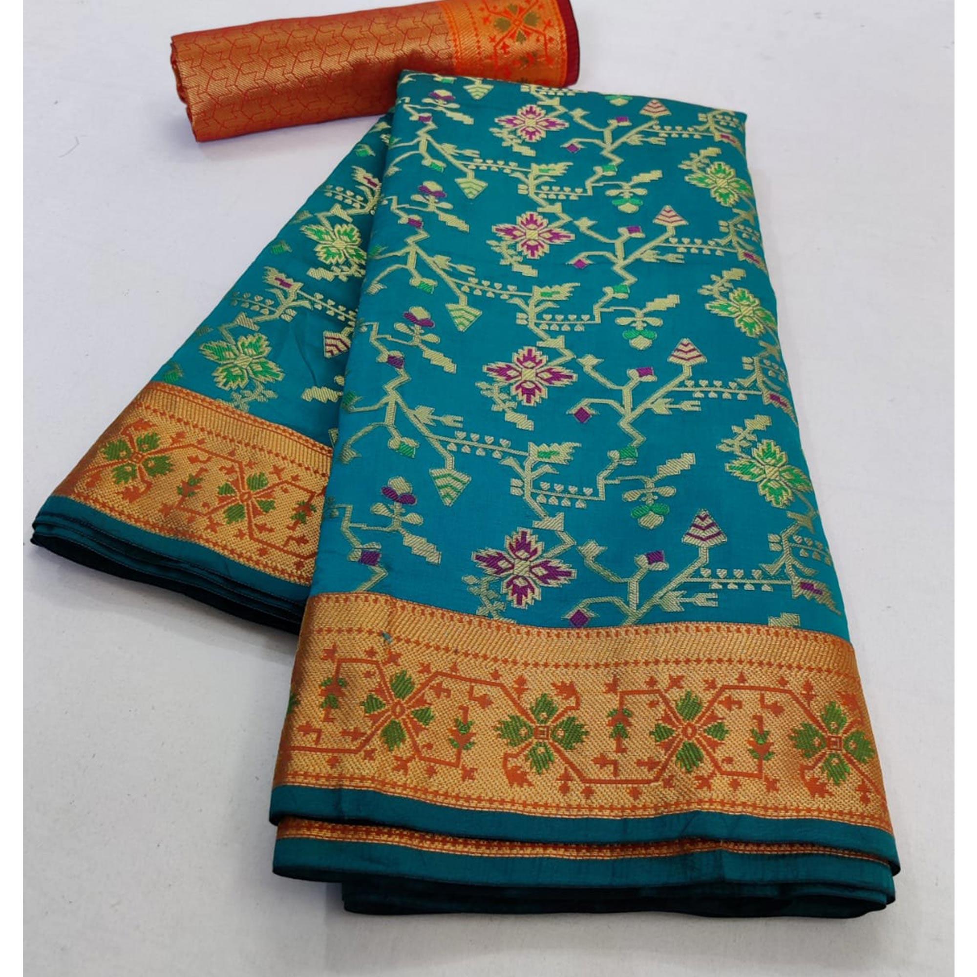 Ravishing Turquoise Blue Colored Festive Wear Woven Silk Saree - Peachmode