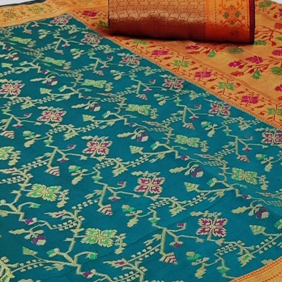 Ravishing Turquoise Blue Colored Festive Wear Woven Silk Saree - Peachmode