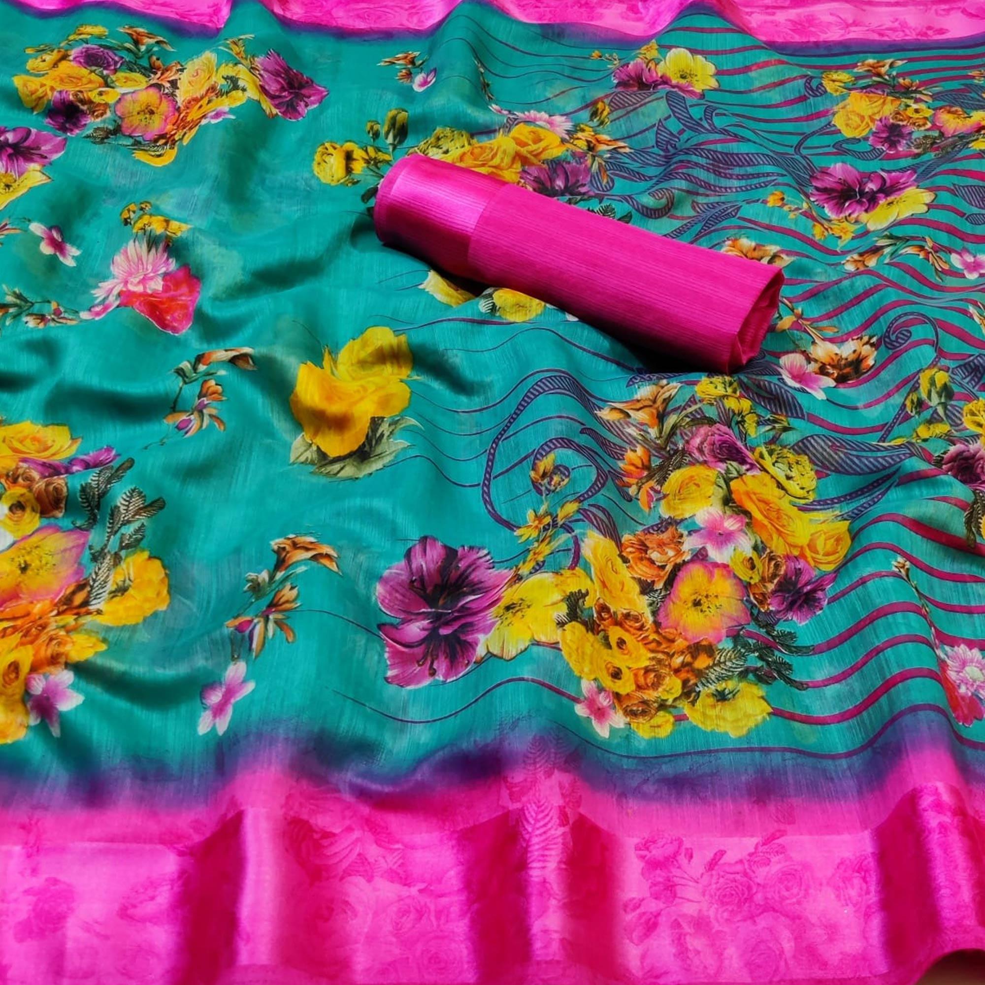 Ravishing Turquoise Green Colored Casual Wear Fancy Printed Linen Saree - Peachmode