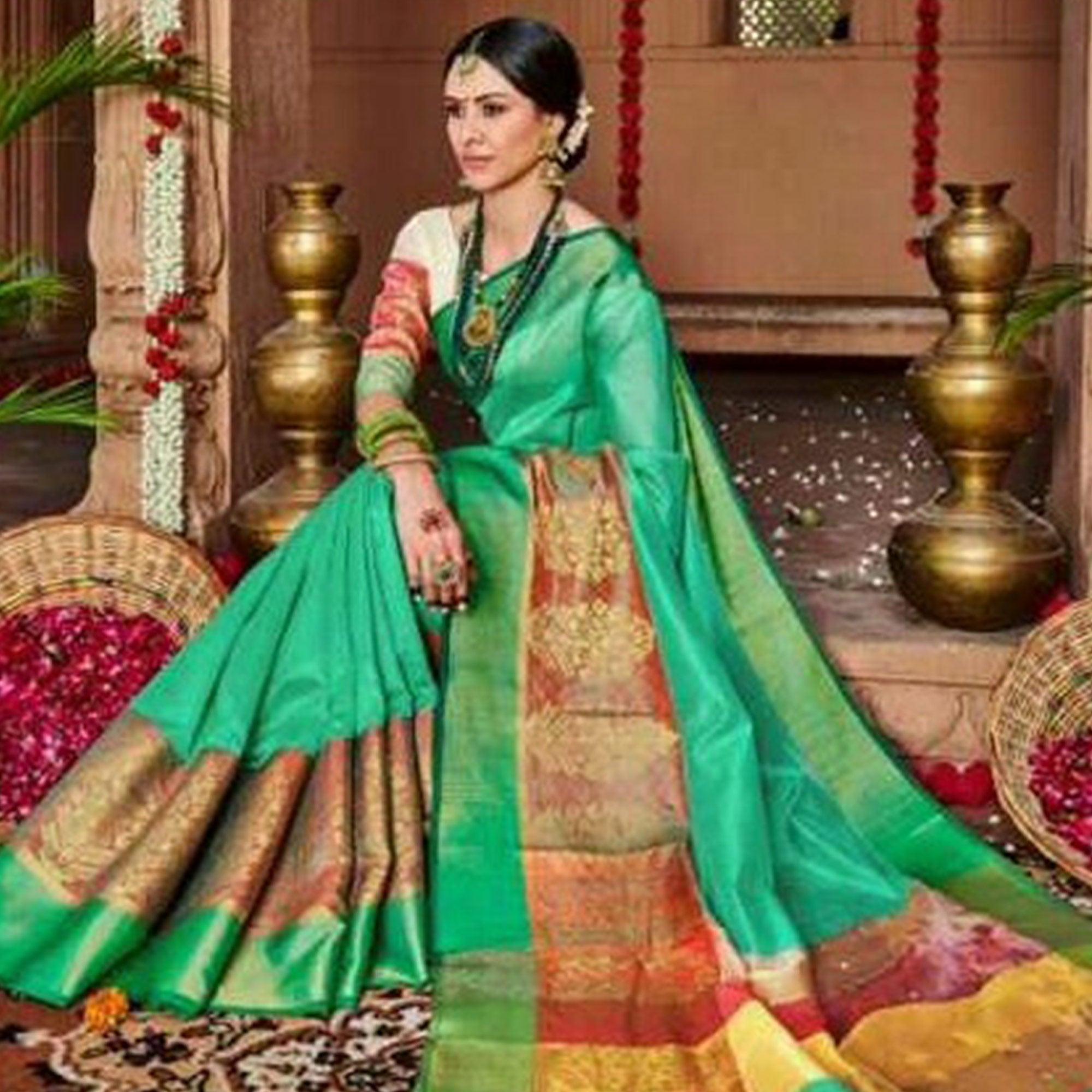 Ravishing Turquoise Green Colored Festive Wear Woven Art Silk Saree - Peachmode