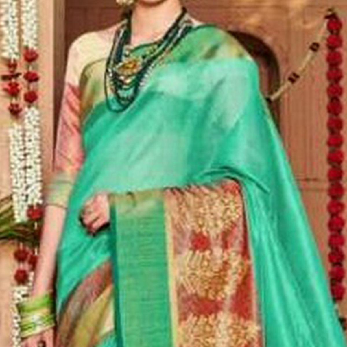 Ravishing Turquoise Green Colored Festive Wear Woven Art Silk Saree - Peachmode