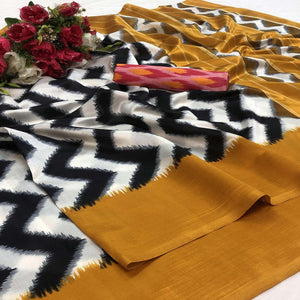 Ravishing White - Black Colored Partywear Printed Silk Saree - Peachmode