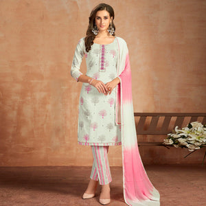 Ravishing White Colored Partywear Embroidered Pure Cotton Dress Material - Peachmode