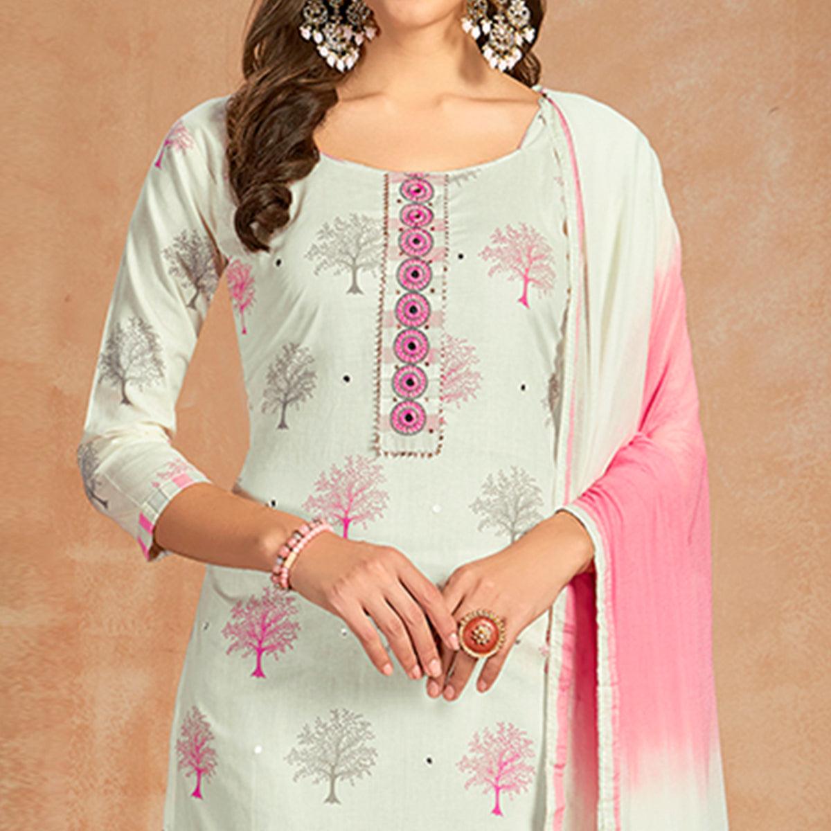 Ravishing White Colored Partywear Embroidered Pure Cotton Dress Material - Peachmode
