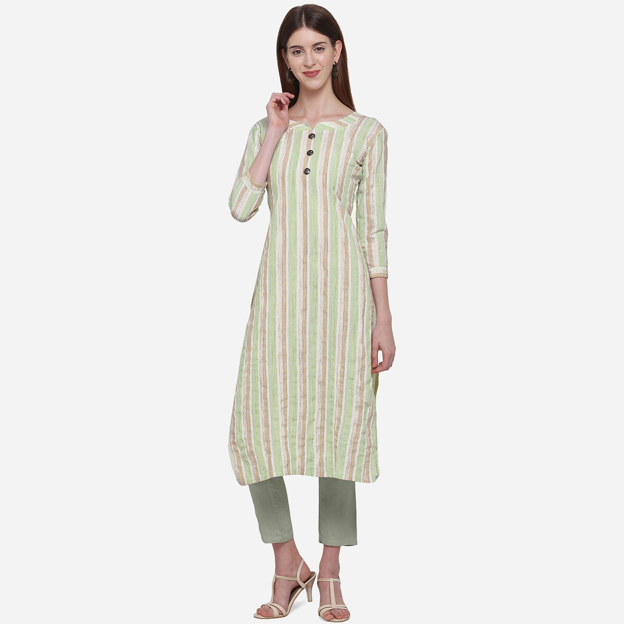 Ravishing White - Green Colored Casual Wear Printed Cotton Kurti - Peachmode