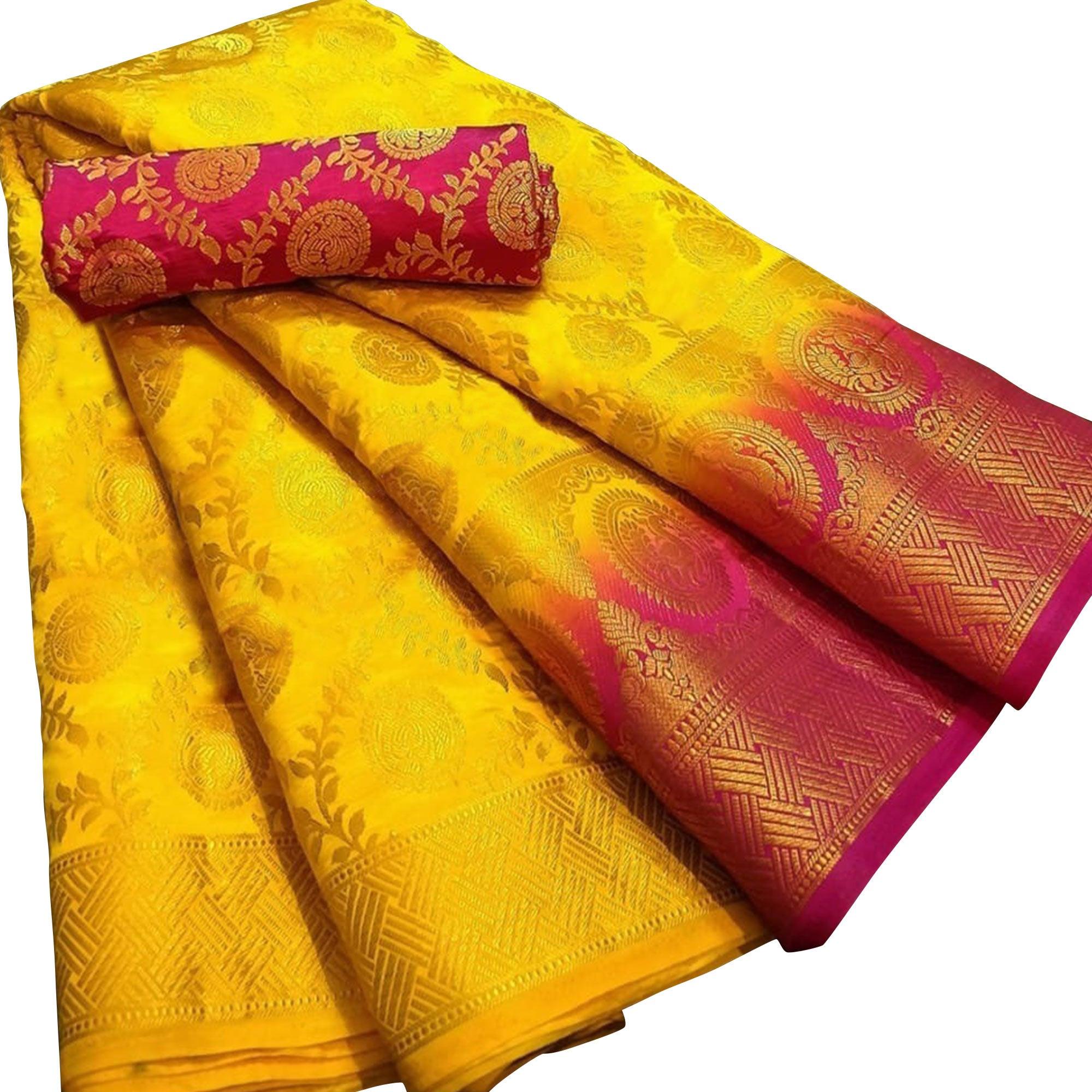 Ravishing Yellow Colored Festive Wear Woven Silk Blend Saree - Peachmode