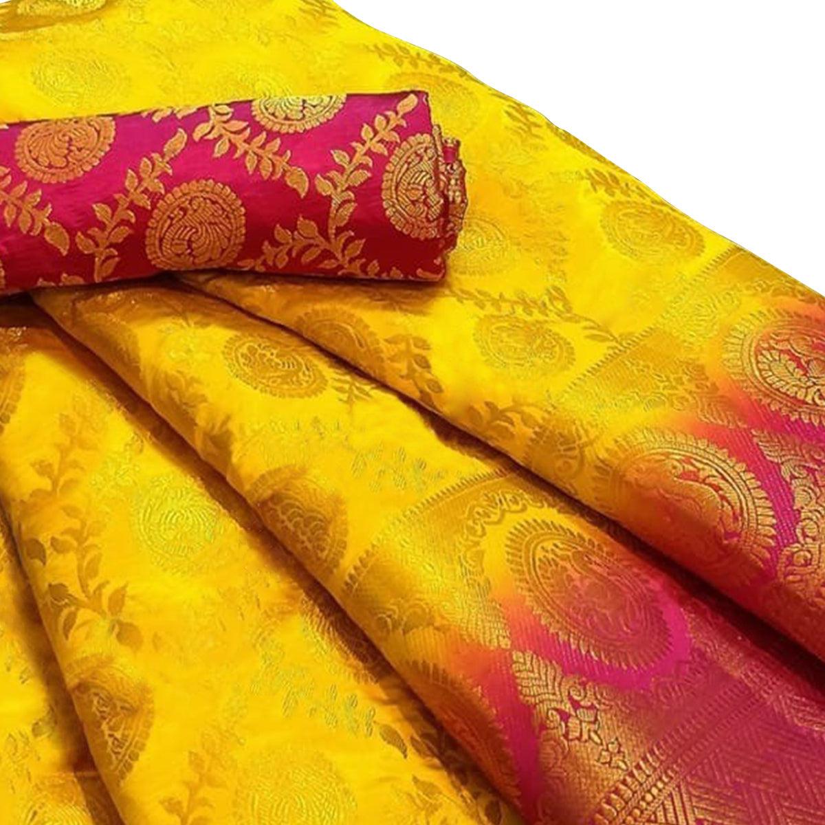 Ravishing Yellow Colored Festive Wear Woven Silk Blend Saree - Peachmode