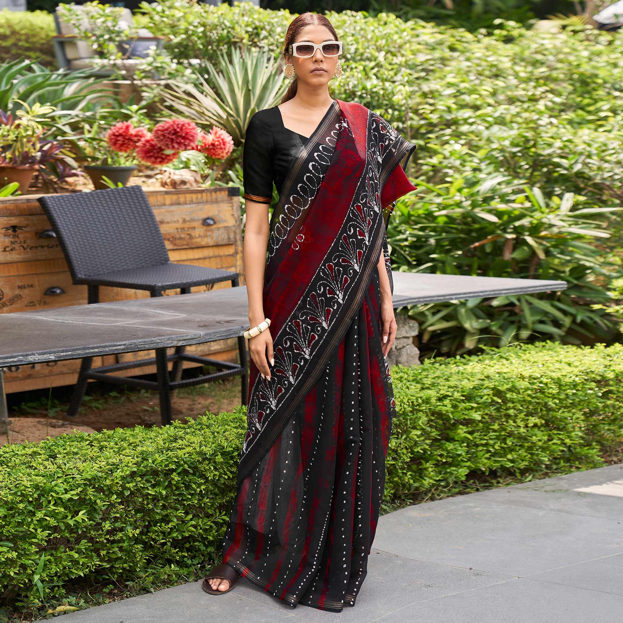 Red & Black  Casual Wear Printed Linen Saree - Peachmode
