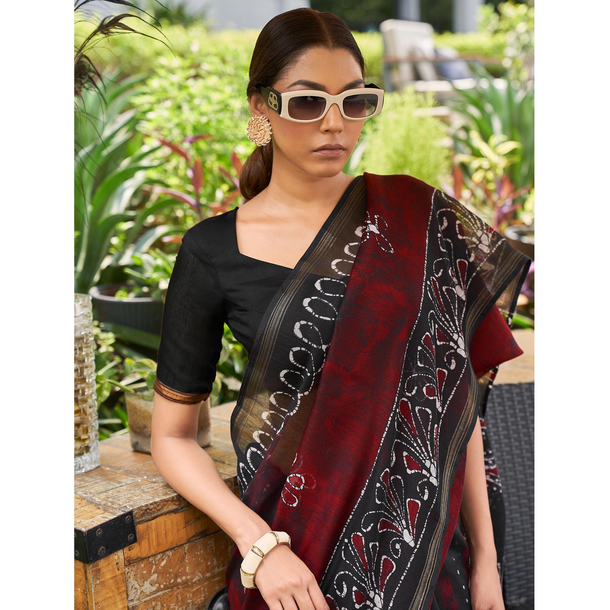 Red & Black  Casual Wear Printed Linen Saree - Peachmode