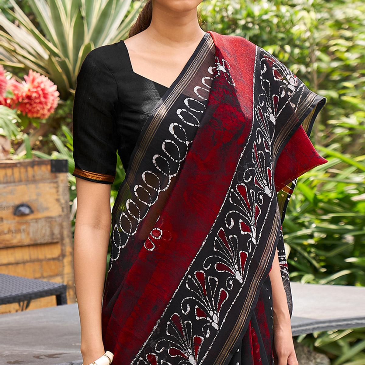 Red & Black  Casual Wear Printed Linen Saree - Peachmode