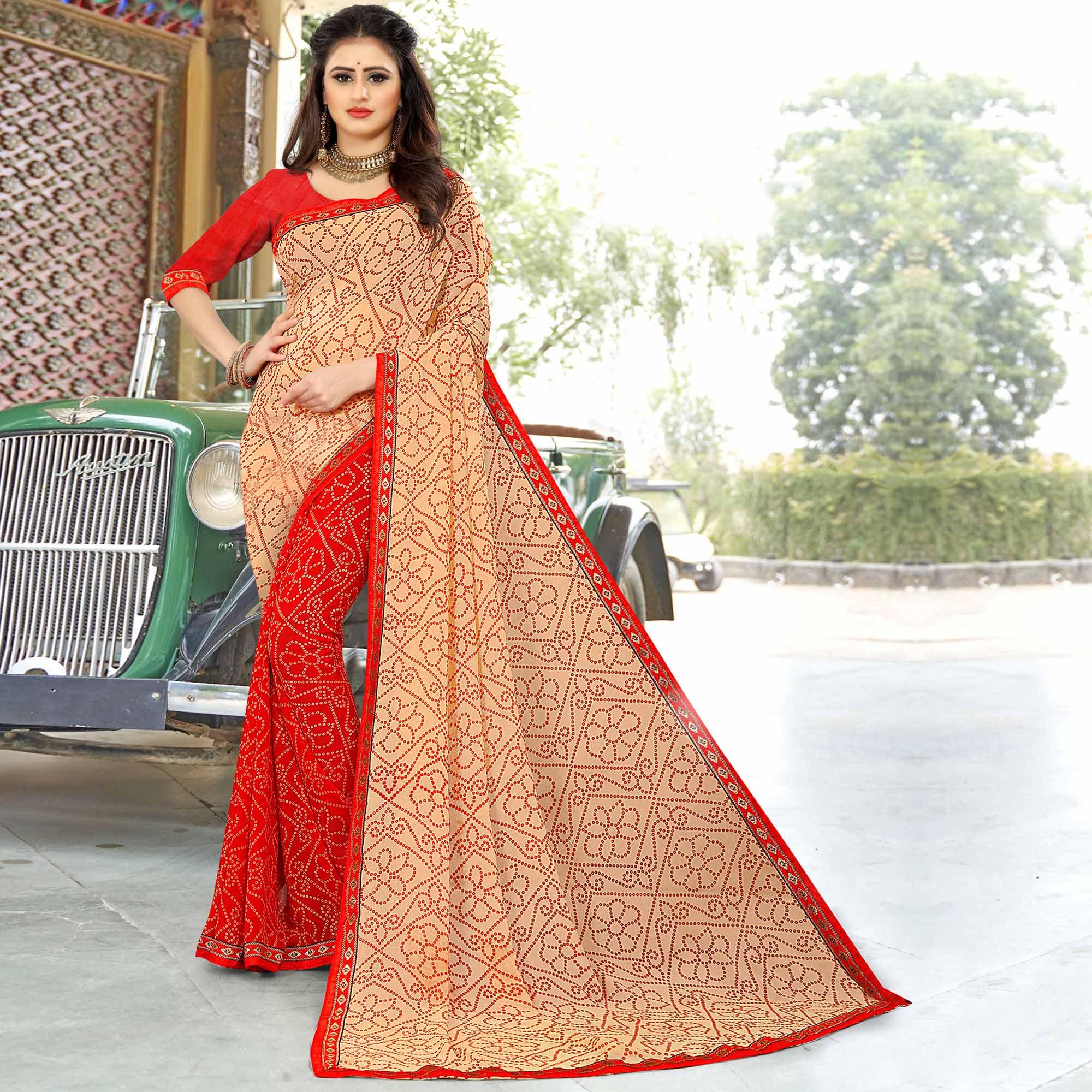 Red & Cream Casual Wear Half & Half Floral Printed Soft Georgette Saree - Peachmode