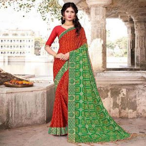 Red & Green Festive Wear Bandhani Printed Chiffon Saree With Diamond Border - Peachmode