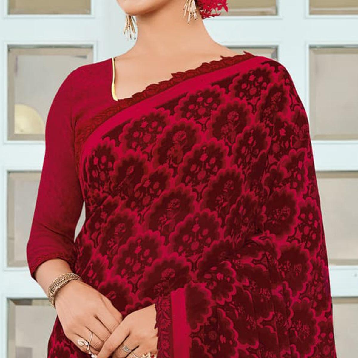 Red & Maroon Partywear Printed Georgette Saree - Peachmode