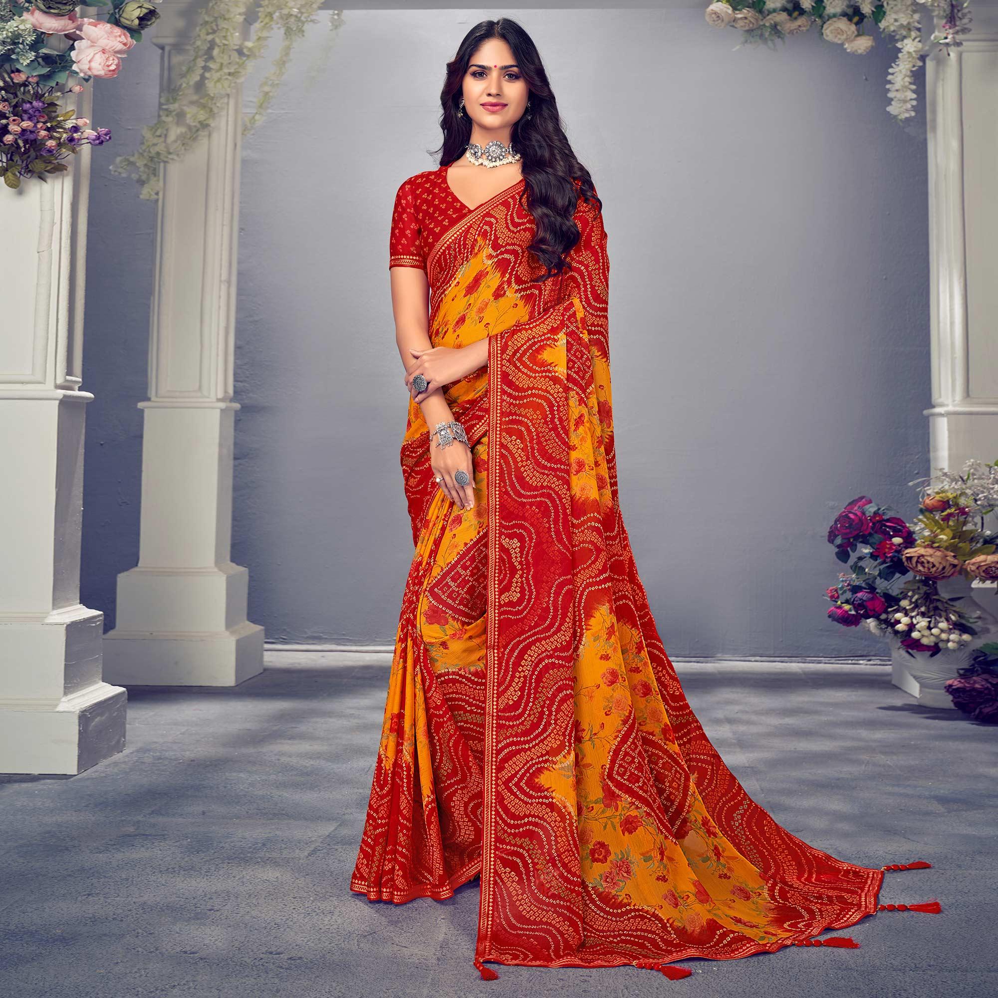 Red & Mustard Bandhani Printed Chiffon Saree With Tassels - Peachmode