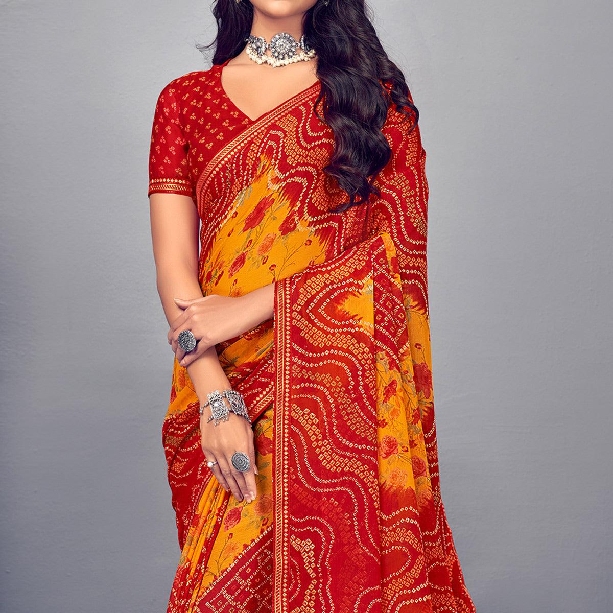 Red & Mustard Bandhani Printed Chiffon Saree With Tassels - Peachmode