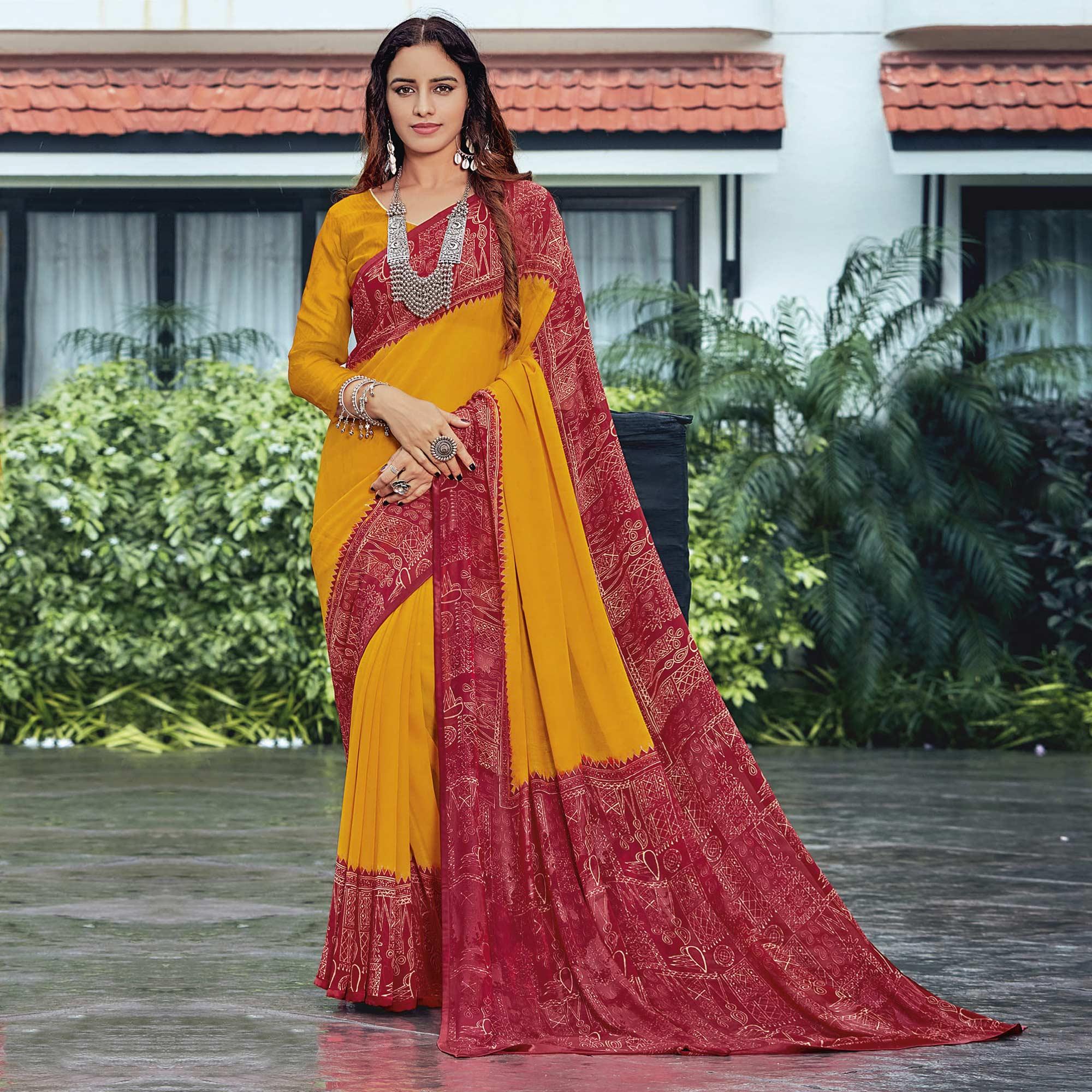 Red & Mustard Casual Wear Printed Georgette Saree - Peachmode