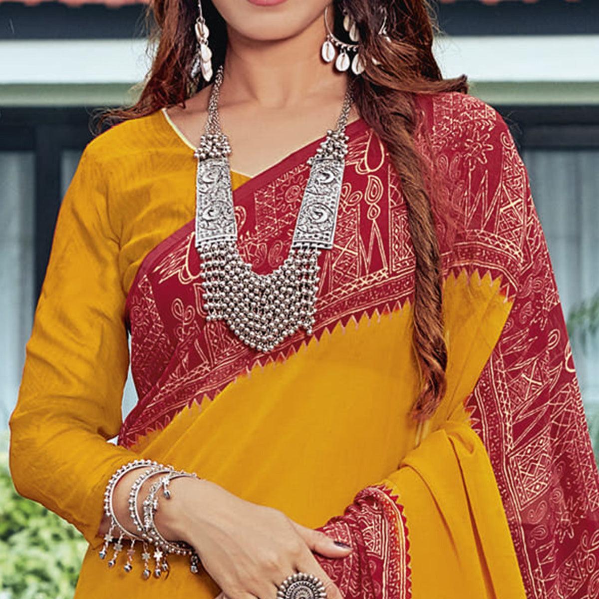 Red & Mustard Casual Wear Printed Georgette Saree - Peachmode
