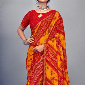 Red & Mustard Yellow Bandhani Printed Chiffon Saree With Tassels - Peachmode