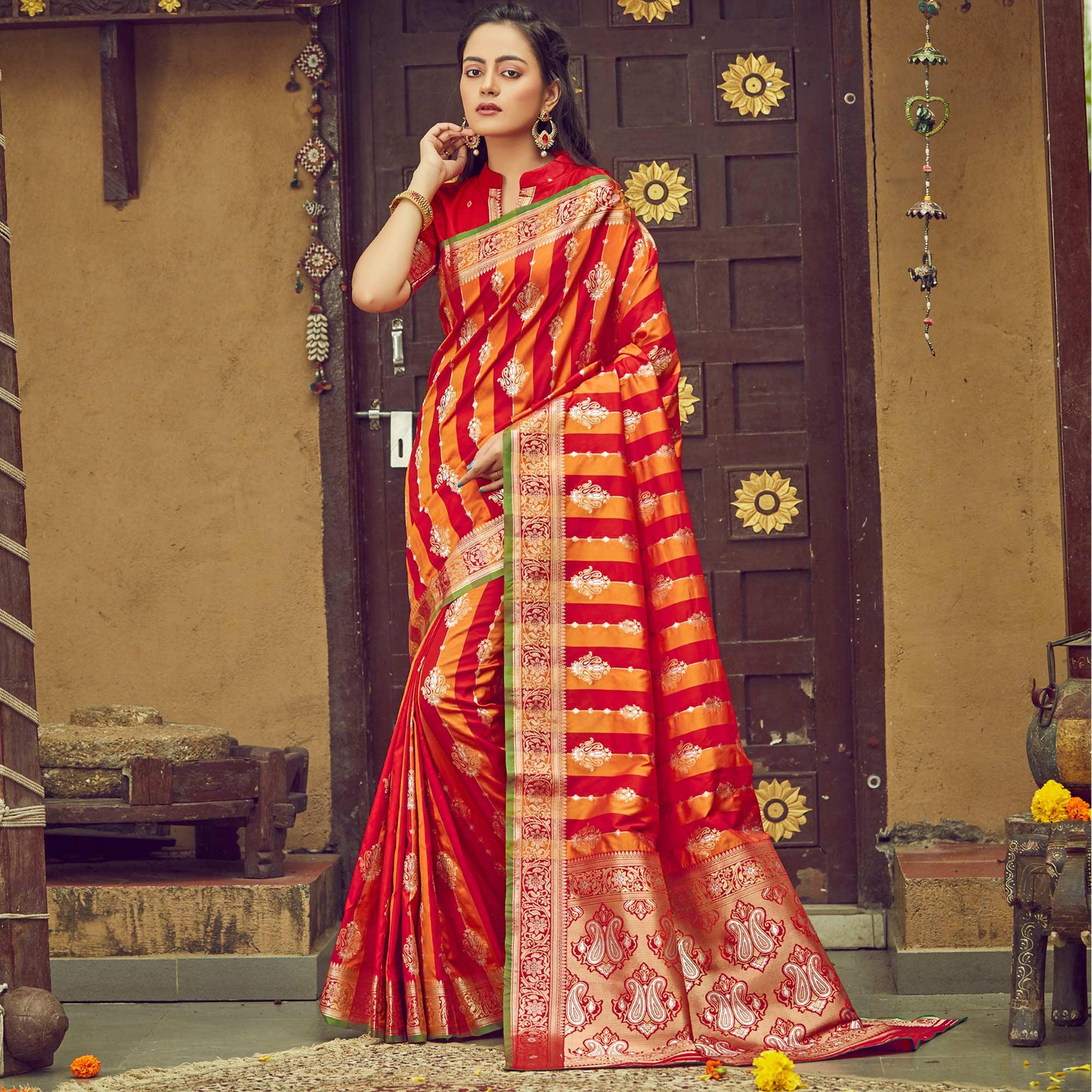 Red & Orange Festive Wear Woven Handloom Silk Saree - Peachmode