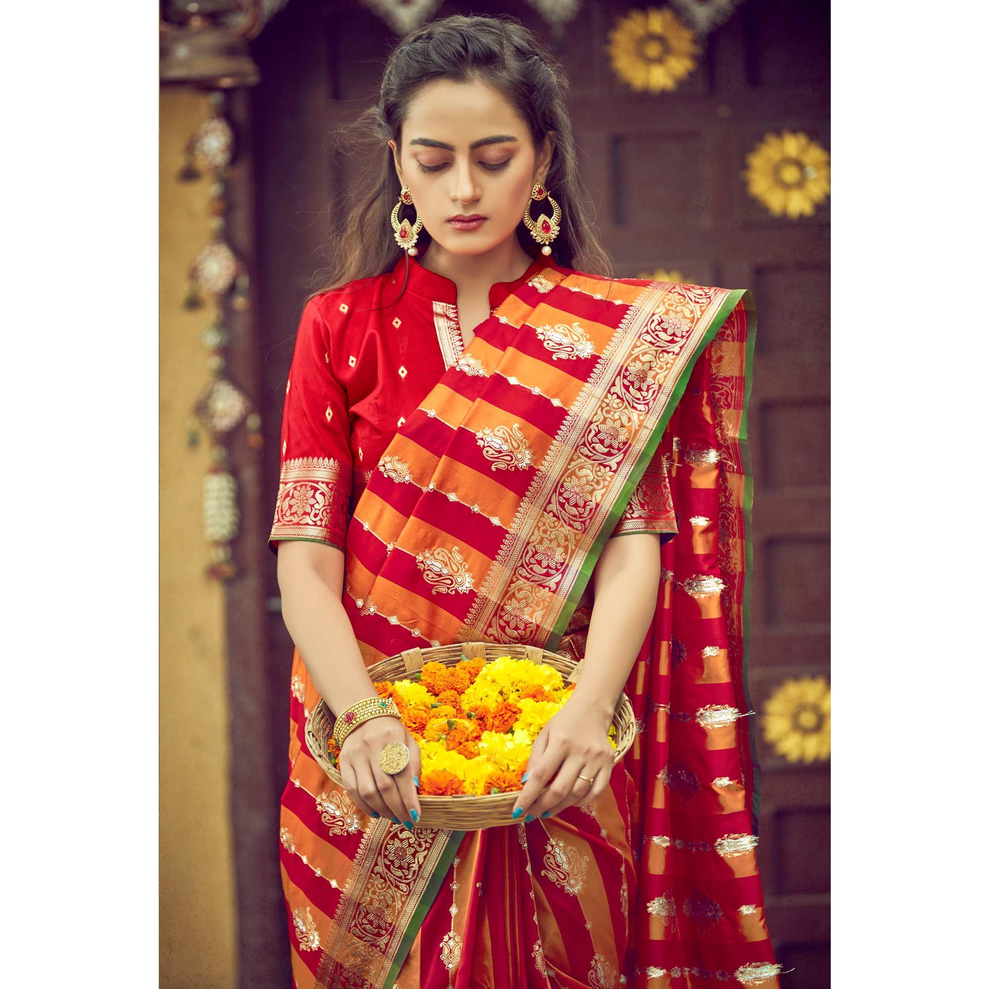 Red & Orange Festive Wear Woven Handloom Silk Saree - Peachmode
