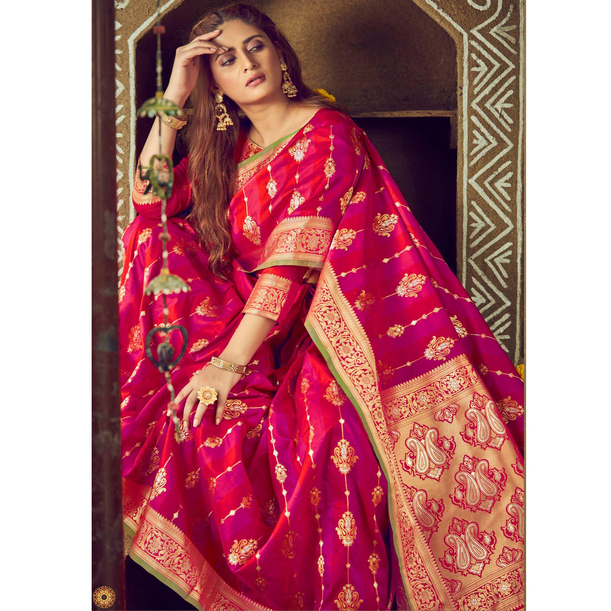 Red & Pink Festive Wear Woven Handloom Silk Saree - Peachmode