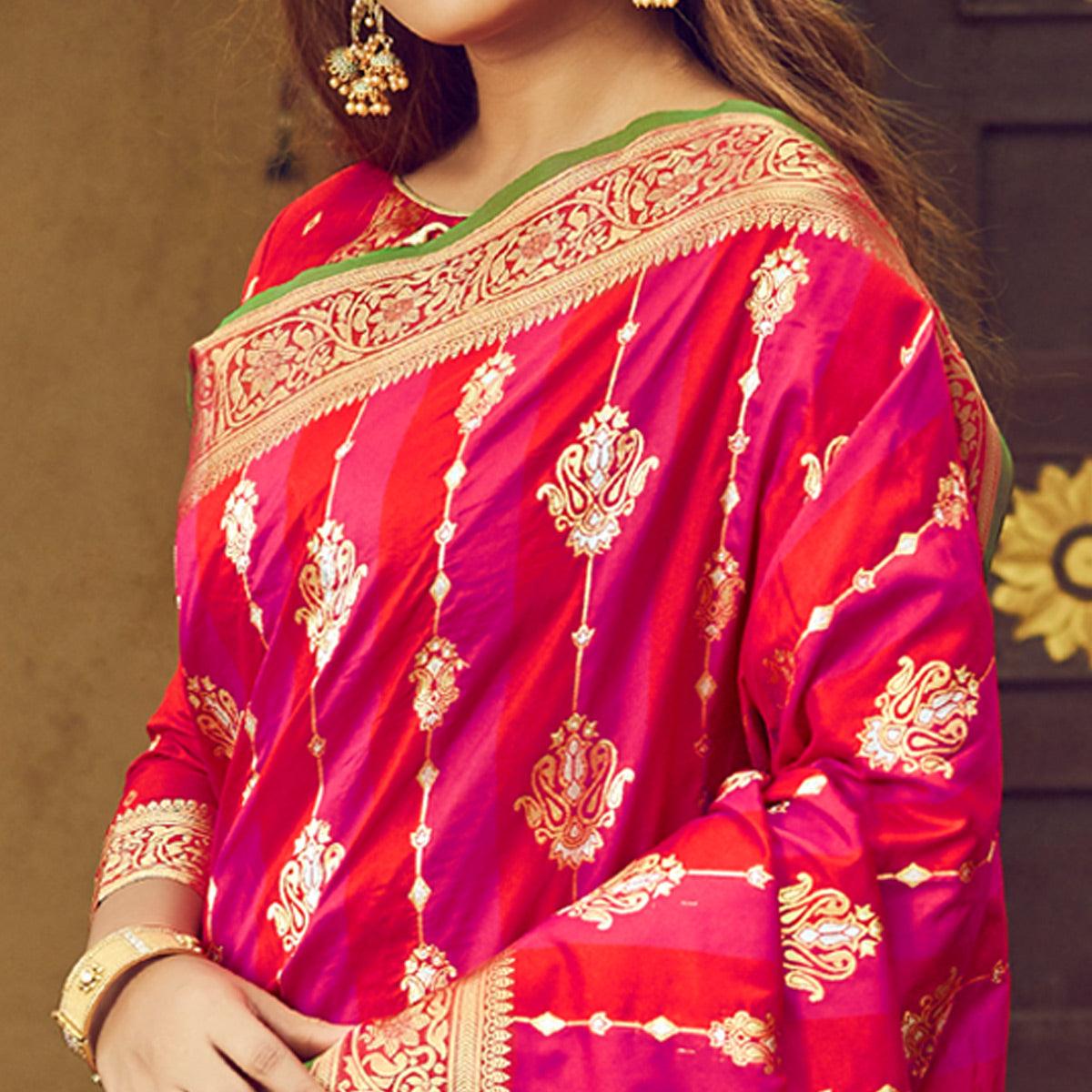 Red & Pink Festive Wear Woven Handloom Silk Saree - Peachmode