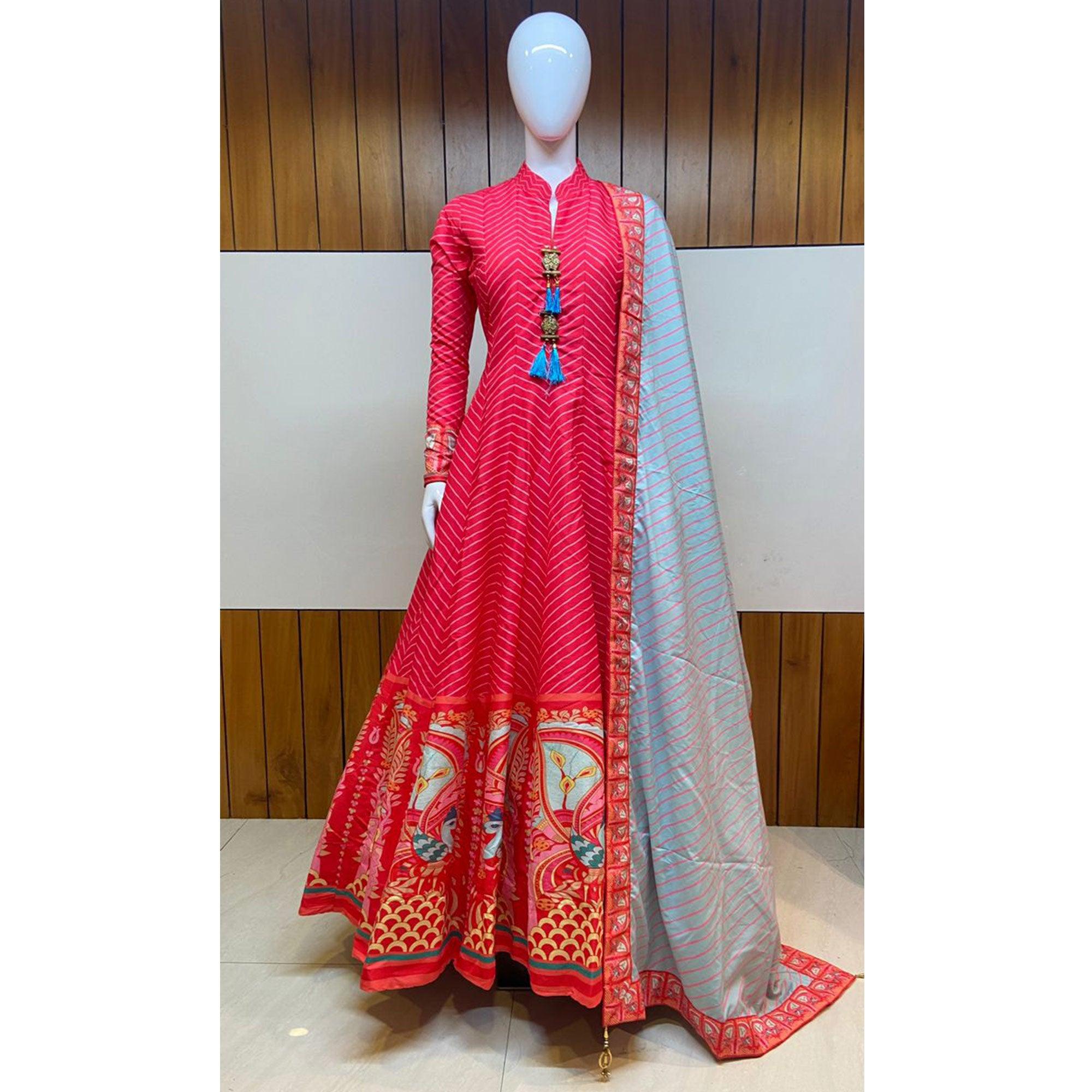 Red & Pink Partywear Patola Digital Printed Killer Silk Anarkali Suit - Peachmode