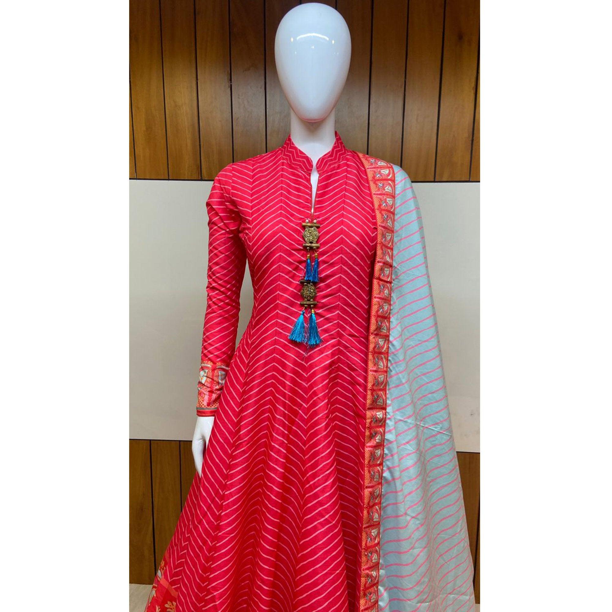 Red & Pink Partywear Patola Digital Printed Killer Silk Anarkali Suit - Peachmode