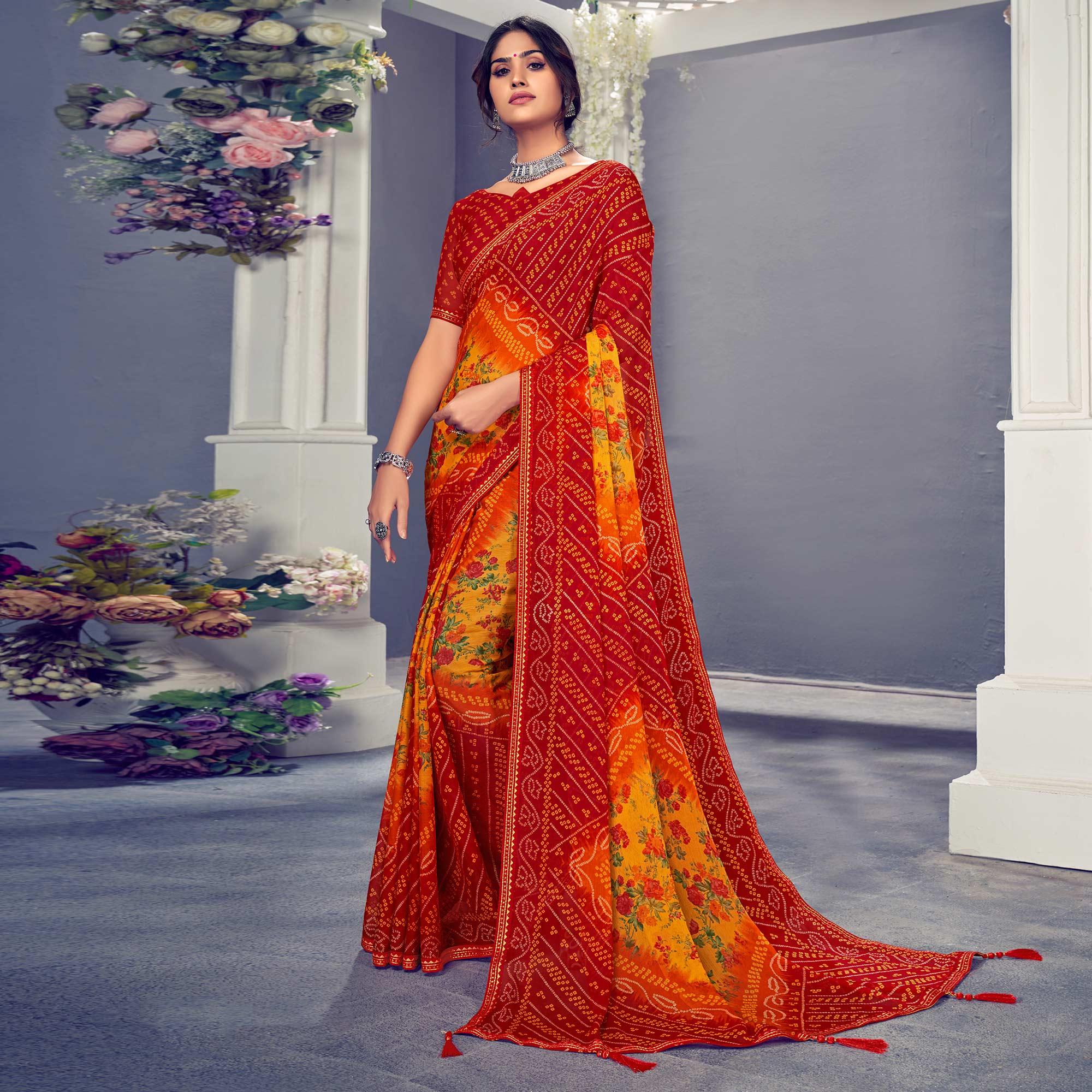 Red & Yellow Bandhani Printed Chiffon Saree With Tassels - Peachmode