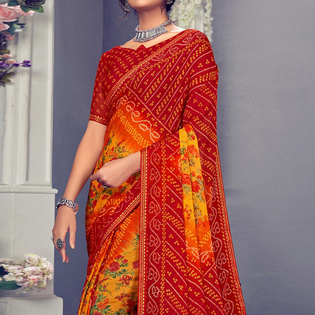 Red & Yellow Bandhani Printed Chiffon Saree With Tassels - Peachmode