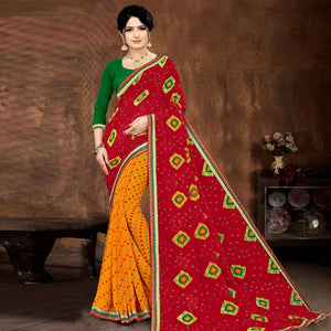 Red And Yellow Casual Wear Bandhani Printed Georgette Designer Saree - Peachmode