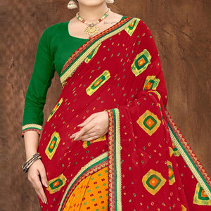 Red And Yellow Casual Wear Bandhani Printed Georgette Designer Saree - Peachmode