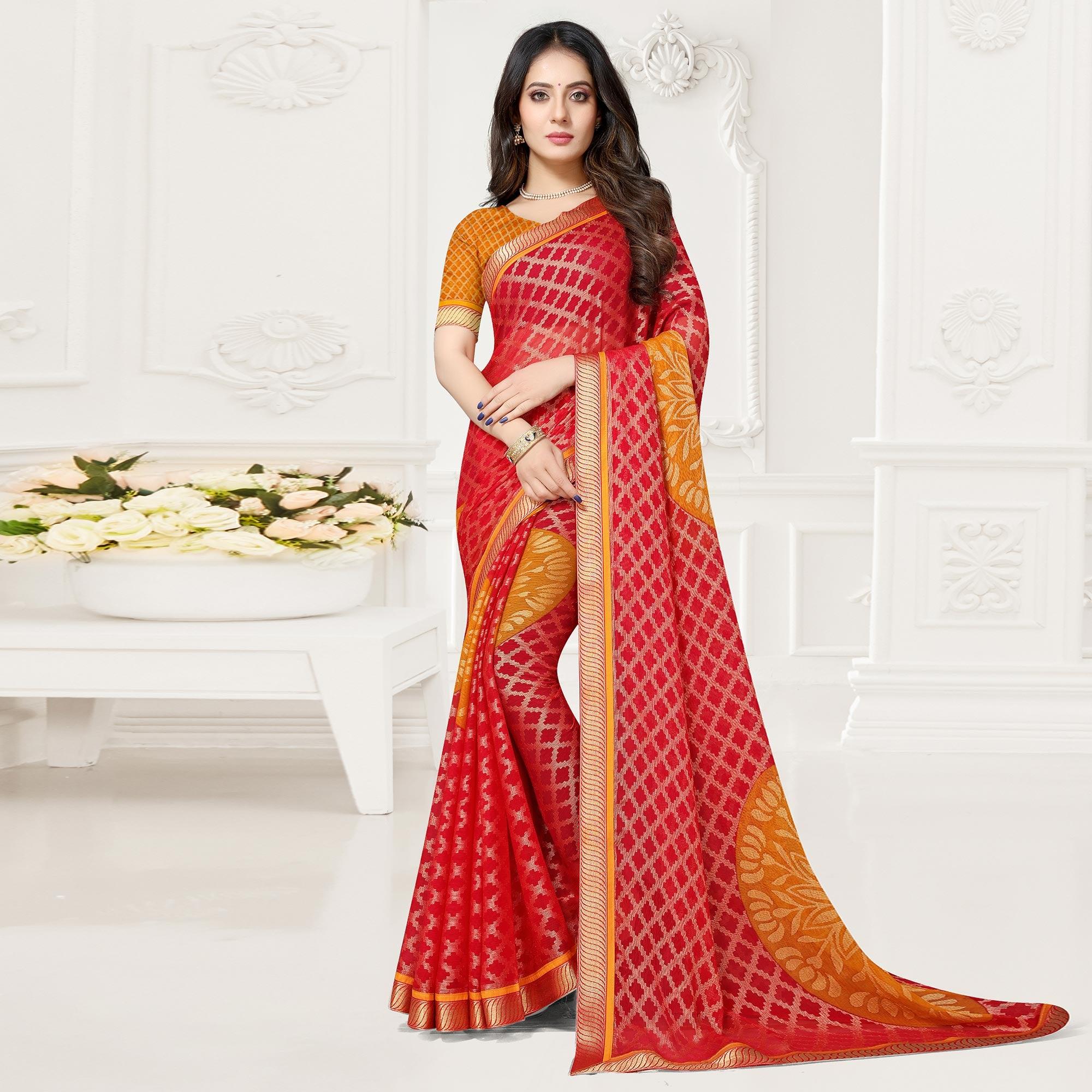 Red & Yellow Festive Wear Checks Printed Chiffon Brasso Saree - Peachmode
