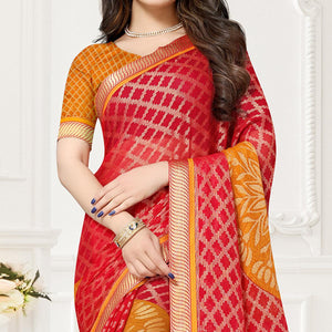 Red & Yellow Festive Wear Checks Printed Chiffon Brasso Saree - Peachmode