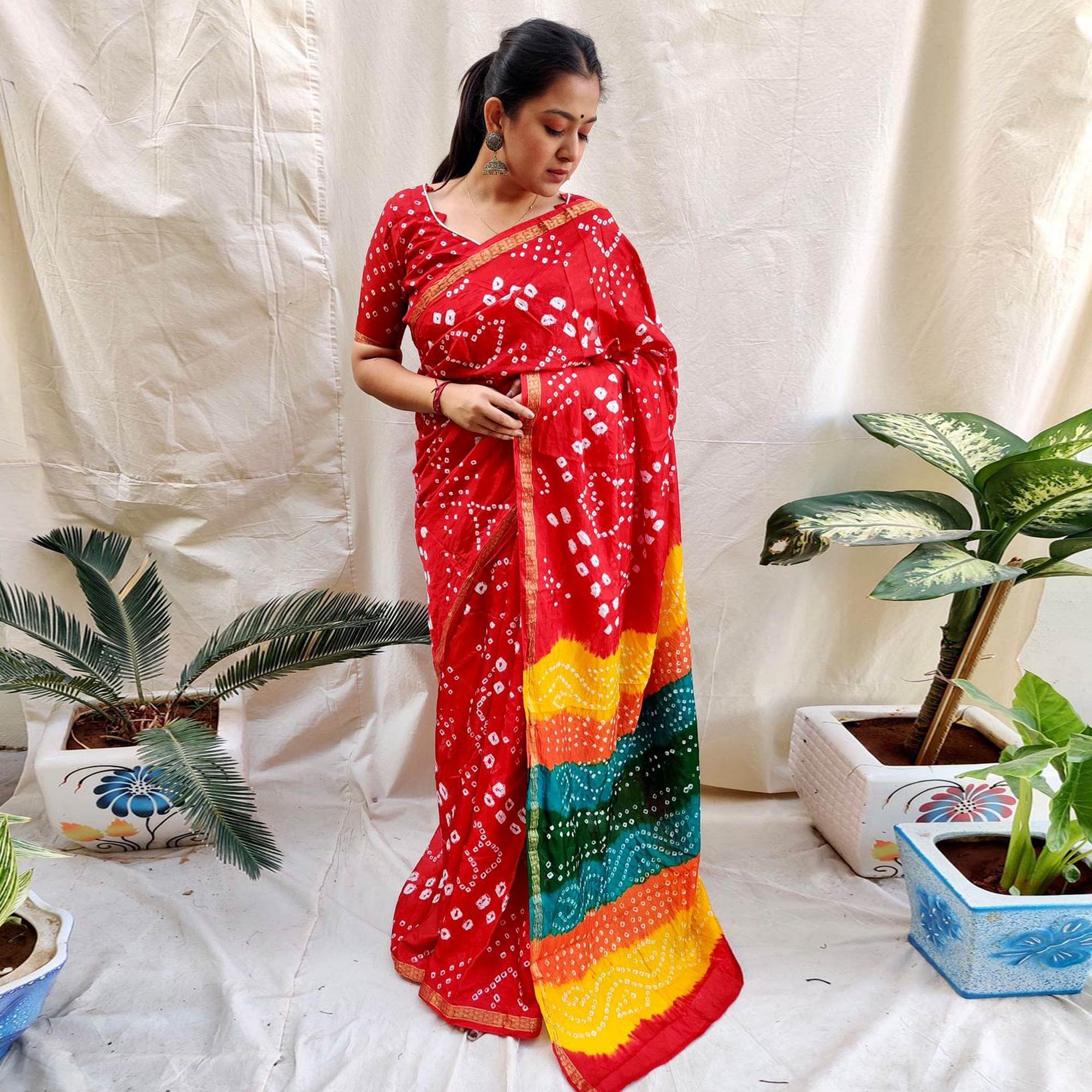Red Bandhani Printed Art Silk Saree - Peachmode