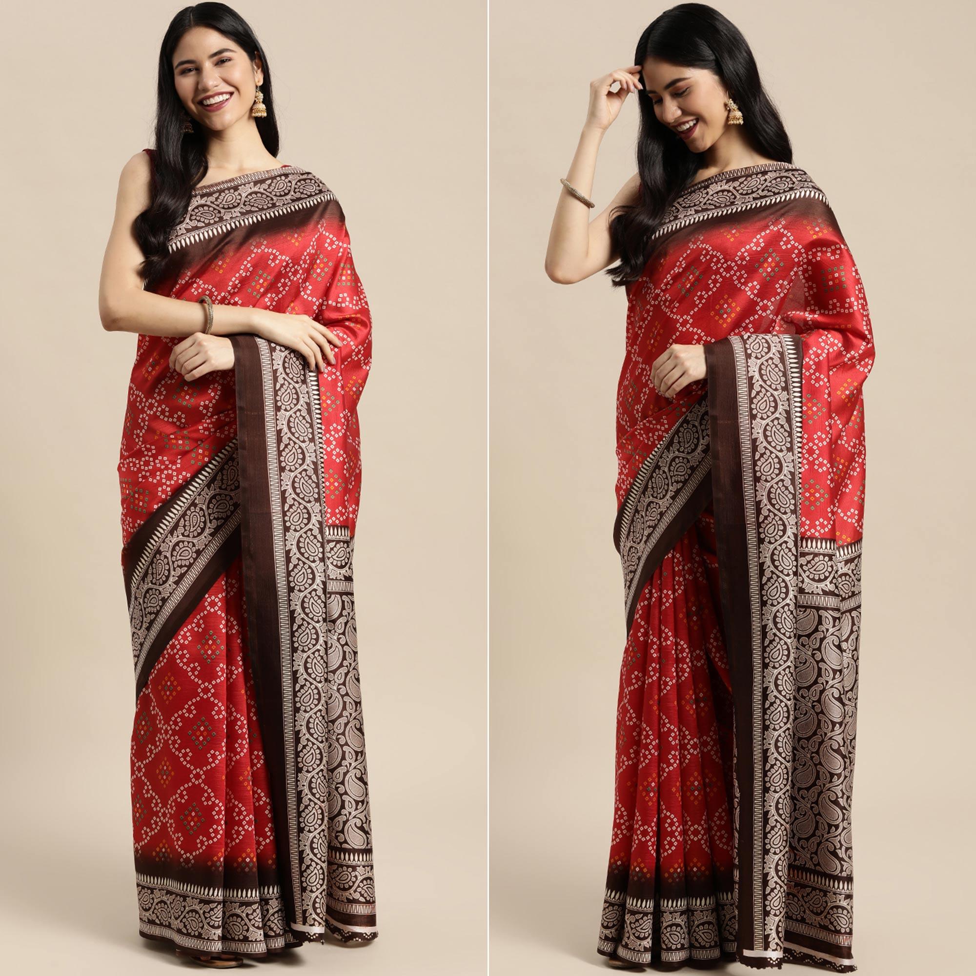 Red Bandhani Printed Art Silk Saree - Peachmode