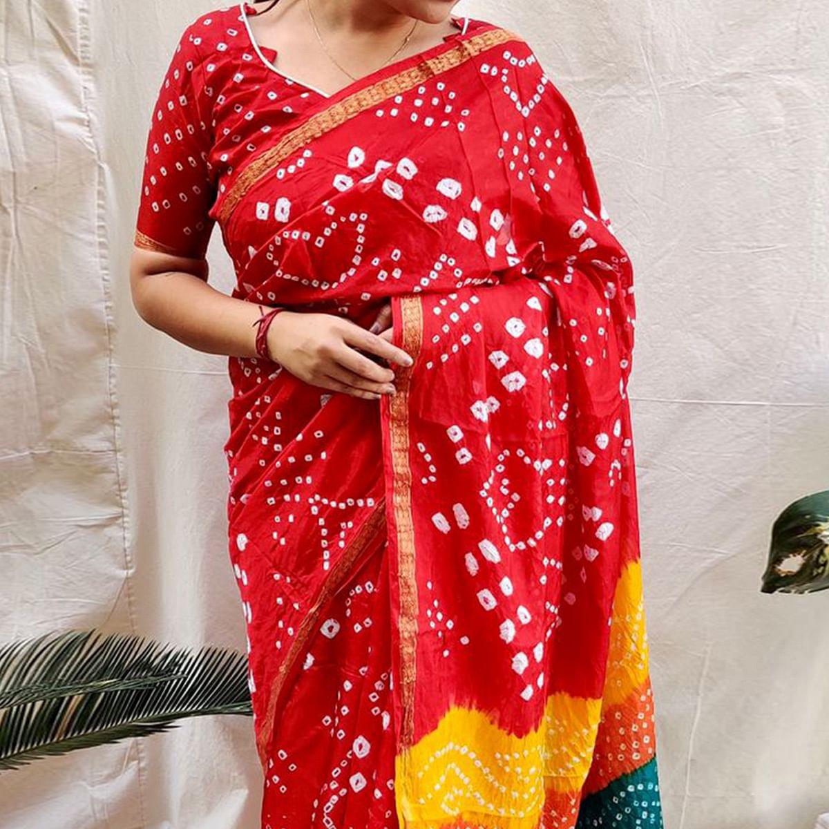 Red Bandhani Printed Art Silk Saree - Peachmode