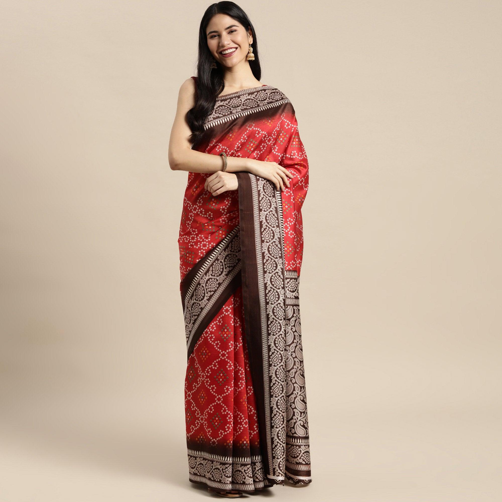 Red Bandhani Printed Art Silk Saree - Peachmode