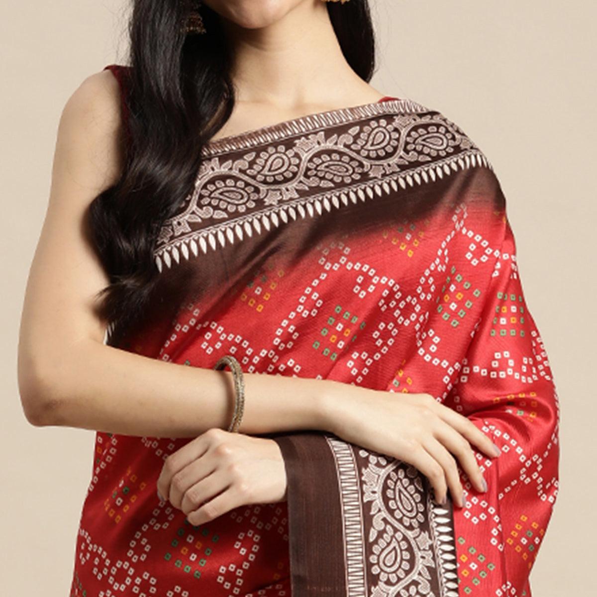 Red Bandhani Printed Art Silk Saree - Peachmode